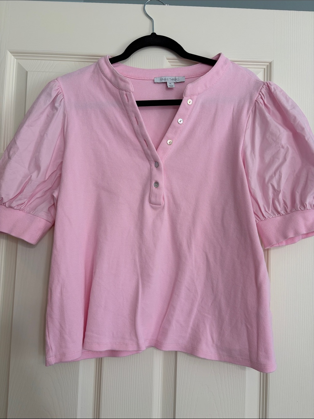 Pink Puff-Sleeve Henley Top -